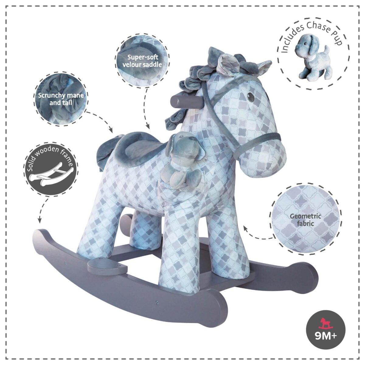 Features and benefits displayed for Harper & Chase Rocking Horse