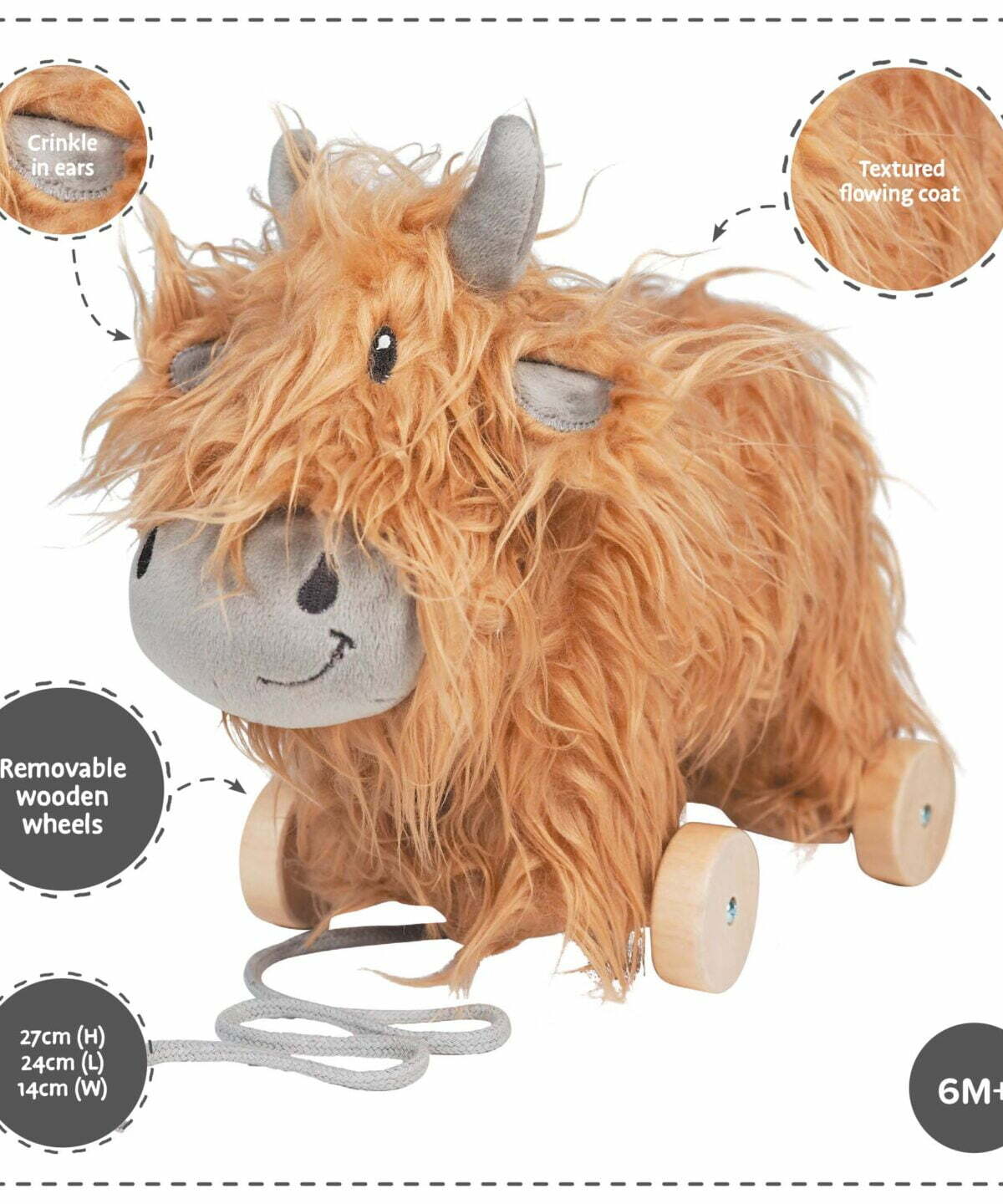 Features and benefits displayed for Hubert Highland Cow Pull Along Toy