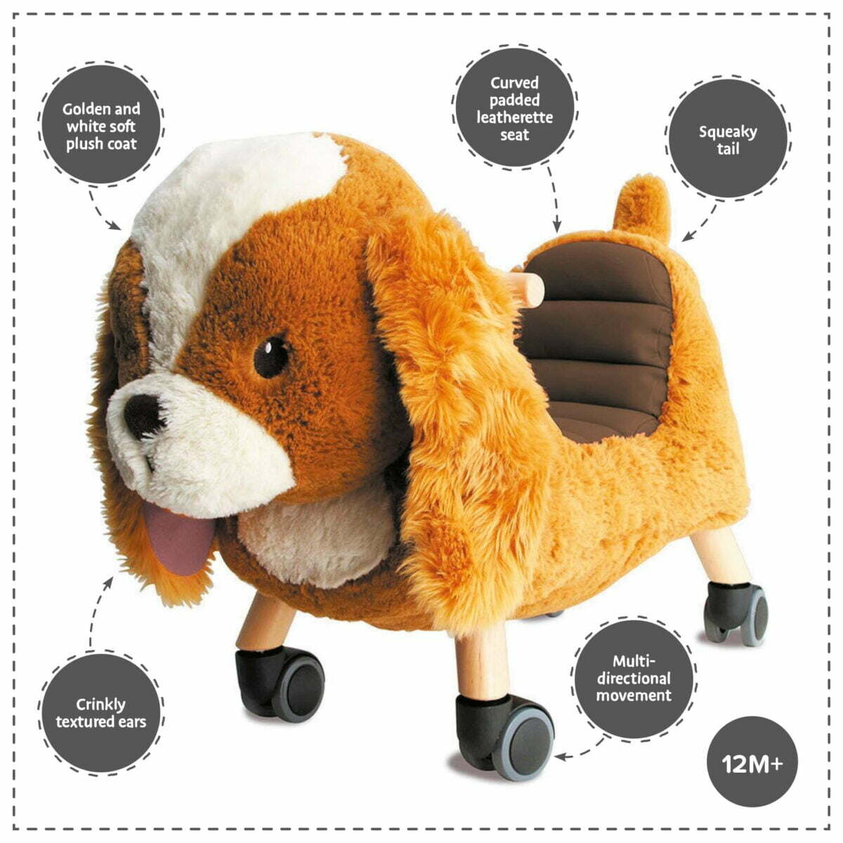 Infographic image of the features of Peanut Pup Animal Ride On Toy