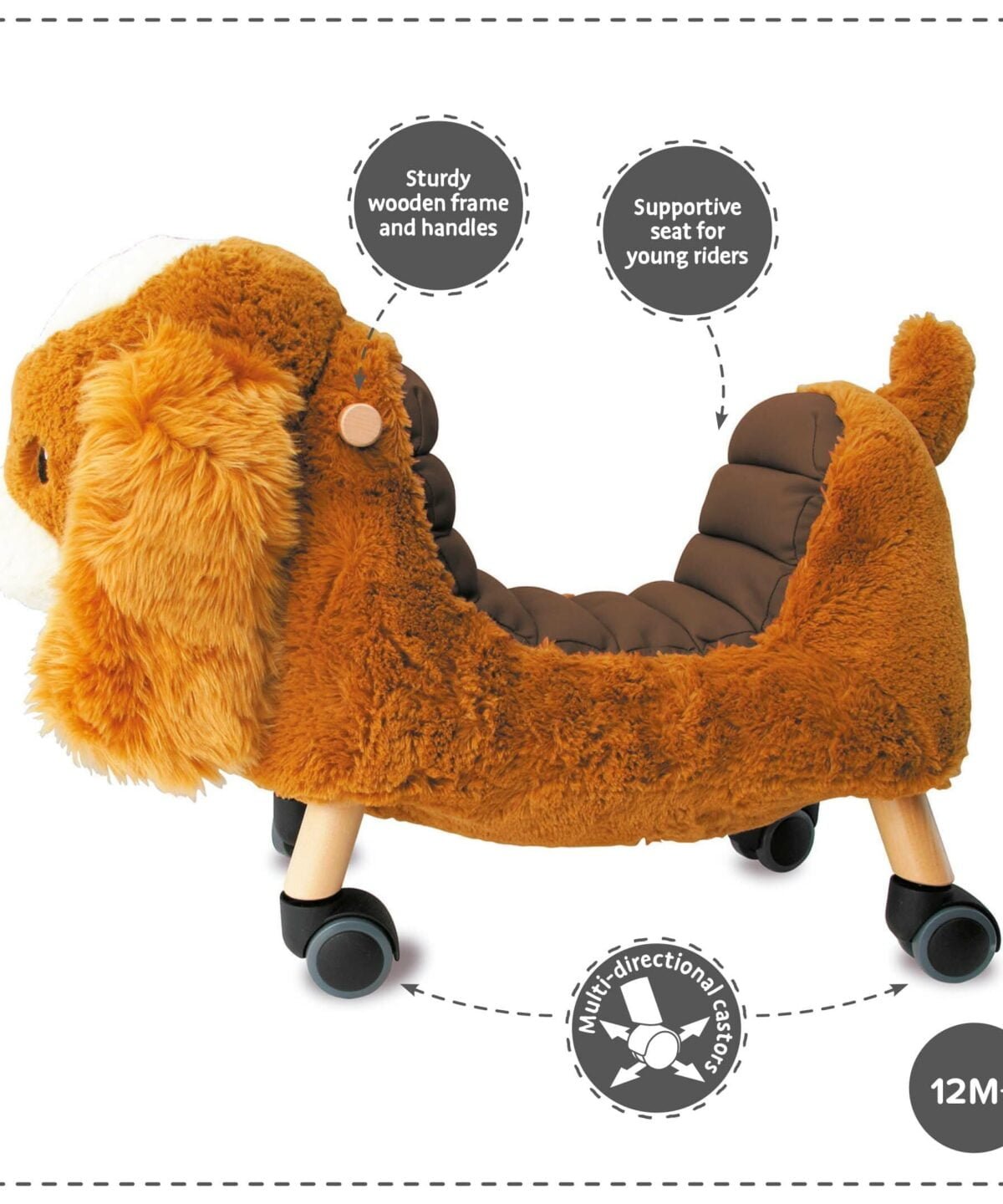 Displays benefits of Peanut Pup Animal Ride On Toy