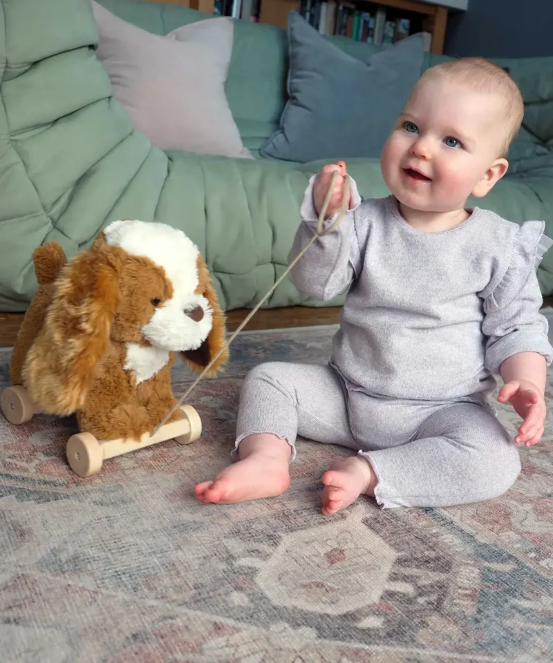 Little girl in living room with Peanut Pup Pull Along toy 