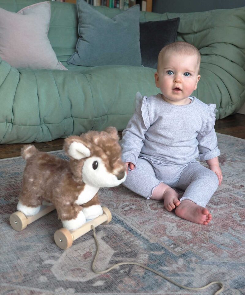Little girl sat next to willow deer pull along toy