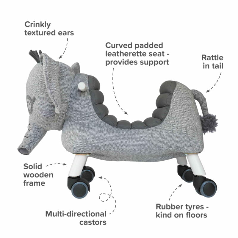 Infographic image of features and benefits of cuthbert elephant rideon toy 