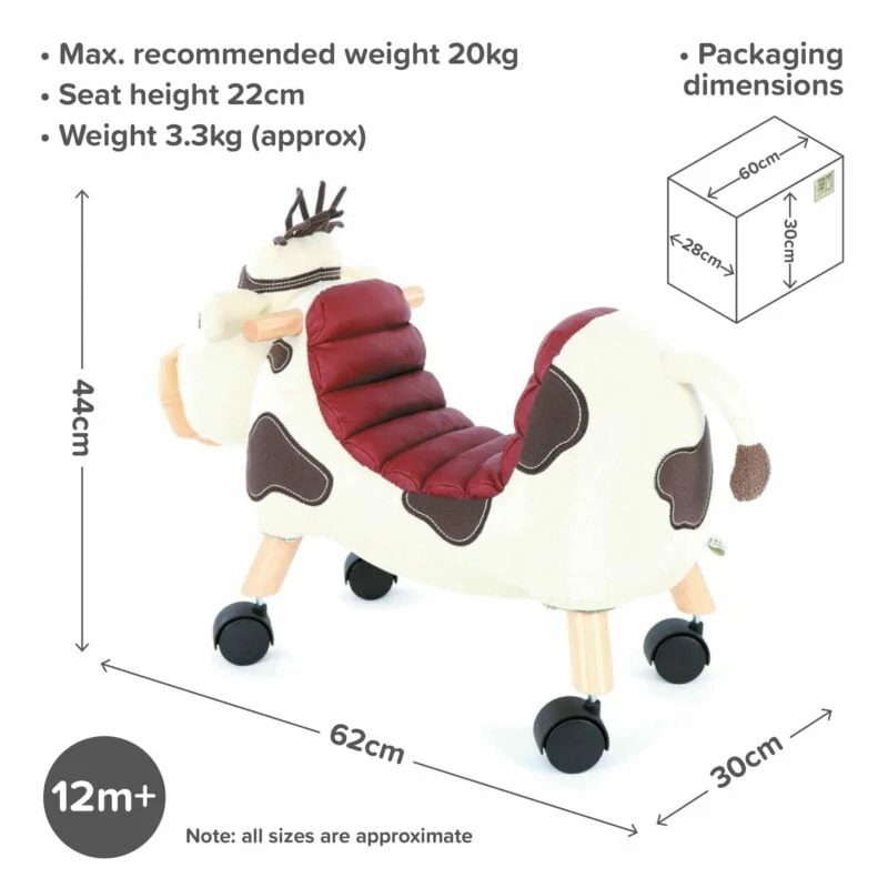 infographic image of moobert cow ride-on toy 