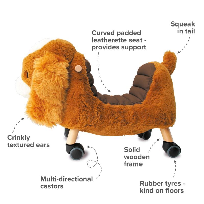 Infographic image highlighting features and benefits of peanut pup ride-on toy