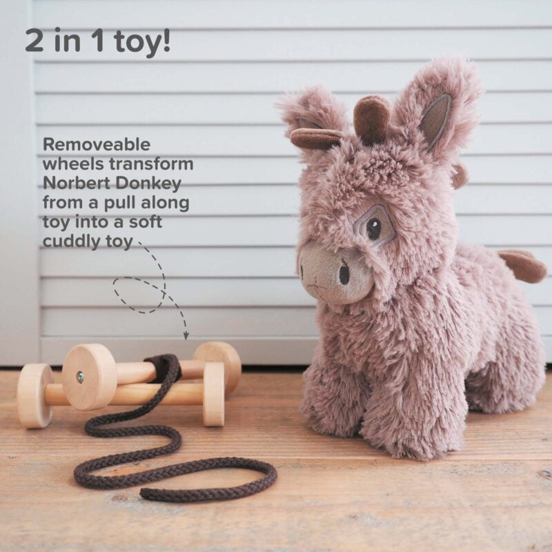 features and benefits of norbert donkey  pull along toy