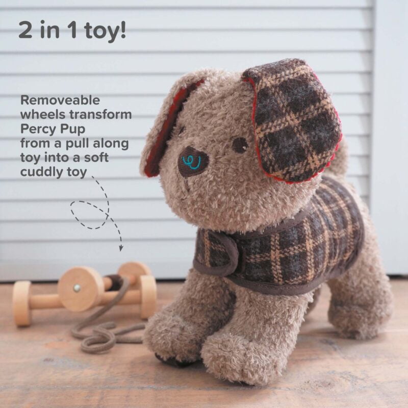 showing the features and benefits of percy pup pull along dog toy