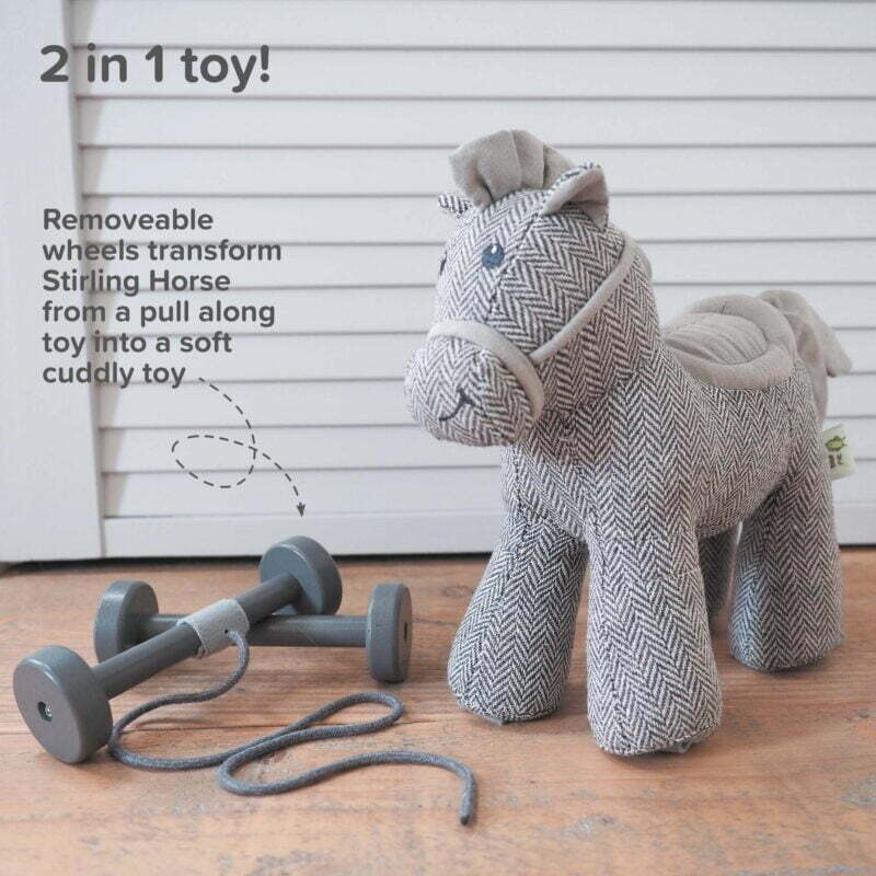 features and benefits of horse pull along toy with herringbone fabric