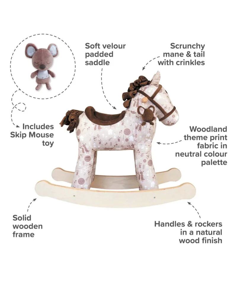 Infographic image of Biscuit & Skip Rocking Horse showing features and benefits