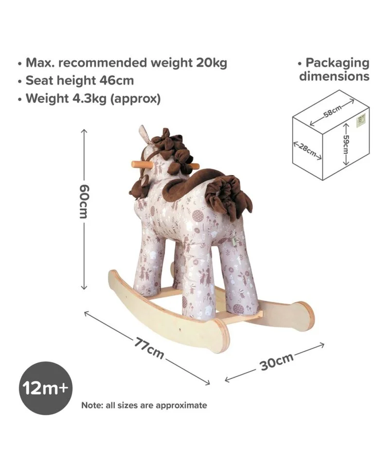 Infographic image of Biscuit & Skip Rocking Horse 12m+ showing dimensions