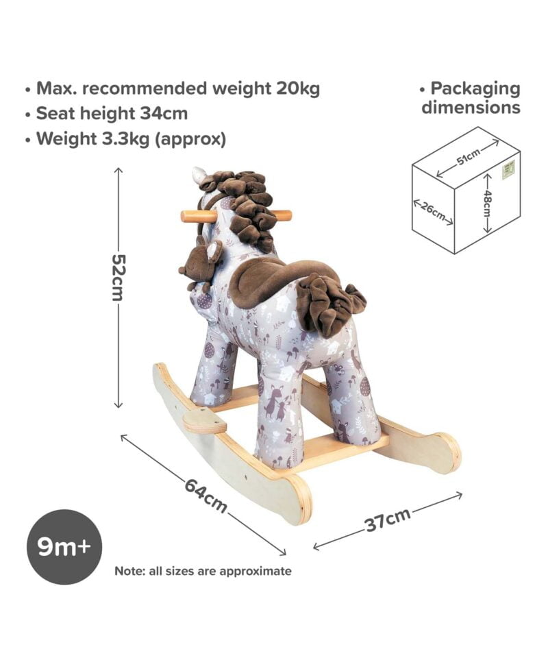 Infographic image of Biscuit & Skip Rocking Horse 9m+ showing dimensions