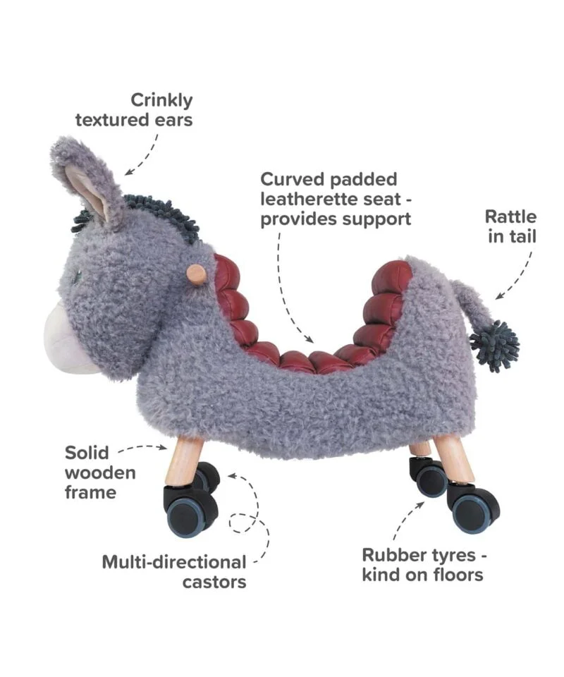 Infographic image of Bojangles Donkey Ride On Toy showing features and benefits