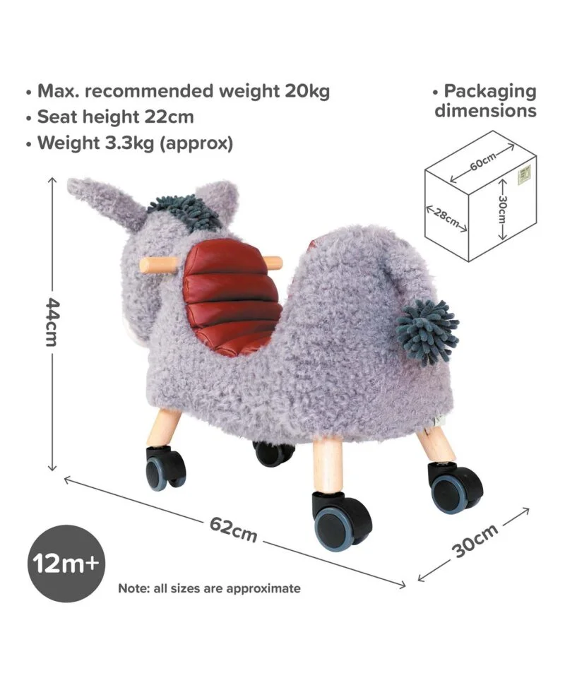 Infographic image of Bojangles Donkey Ride On Toy showing dimensions