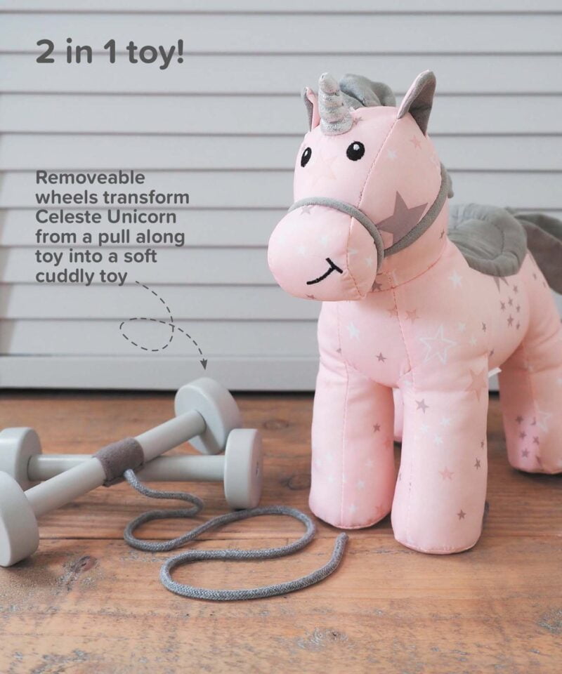 Infographic image of Celeste Unicorn Pull Along Toy showing removeable wheels