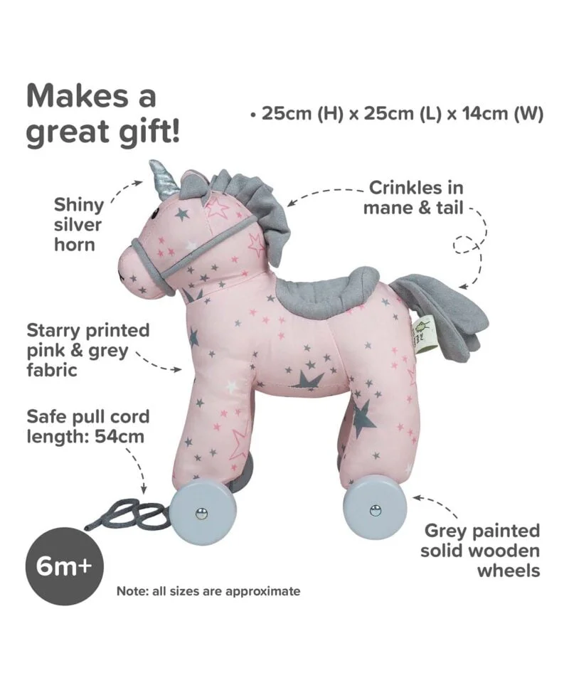 Infographic image of Celeste Unicorn Pull Along Toy showing features and benefits