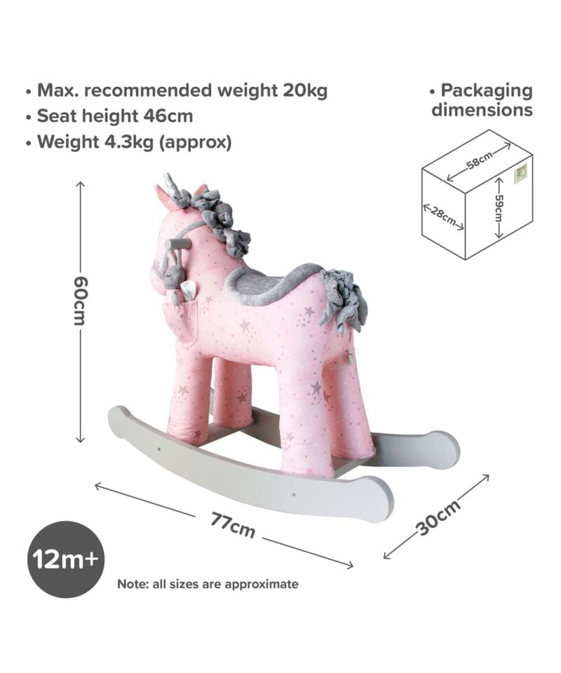 Infographic image of Celeste & Fae  unicorn horse 12m+  showing dimensions