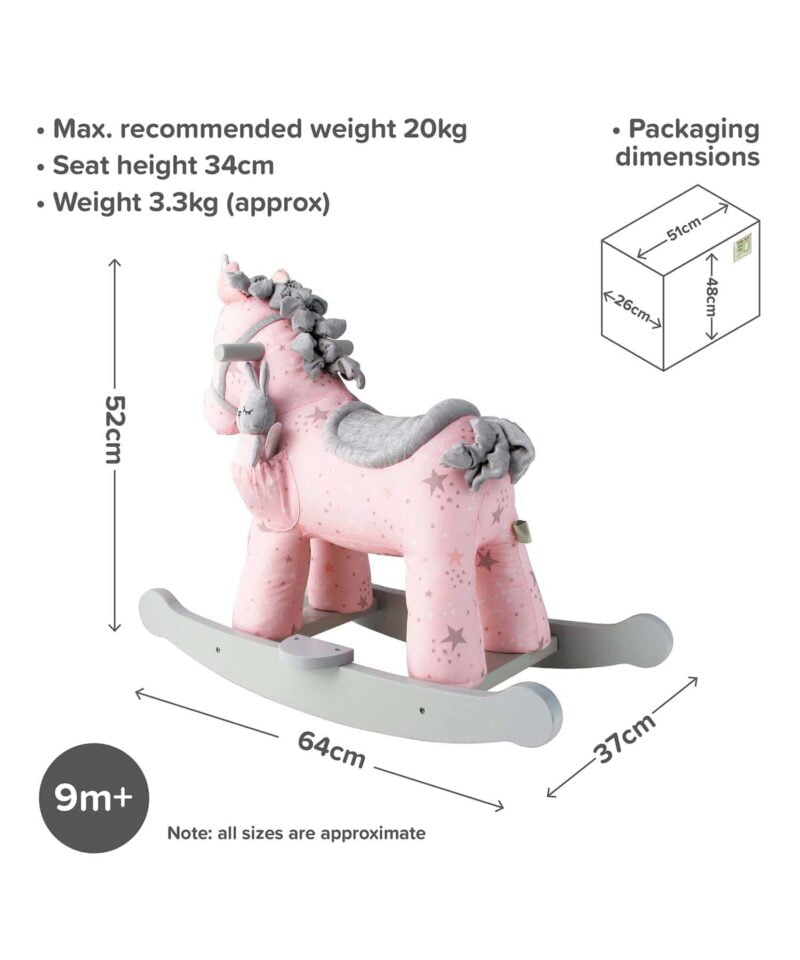 Infographic image of Celeste & Fae  Rocking Unicorn 9m+  showing dimensions