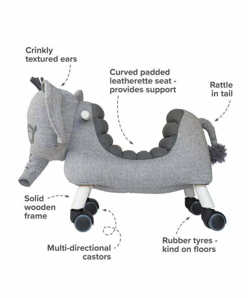 Infographic image of Cuthbert Elephant Ride On Toy showing features and benefits