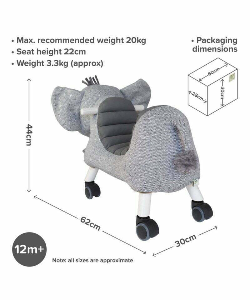 Infographic image of Cuthbert Elephant Ride On Toy showing dimensions