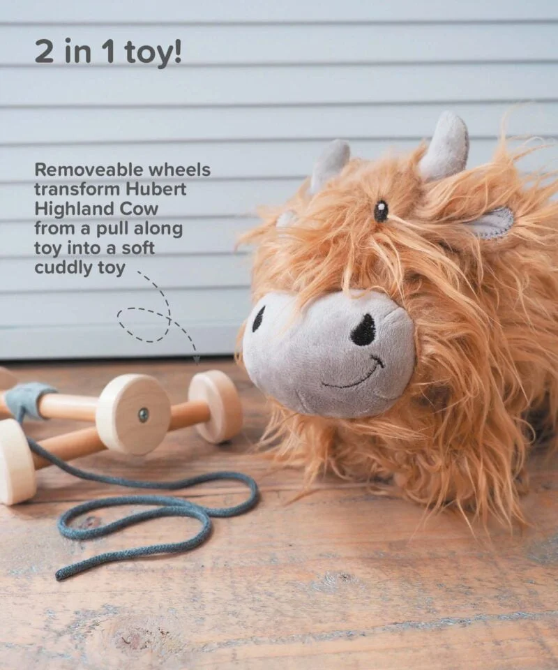 Infographic image of Hubert Highland Cow Pull Along Toy showing removeable wheels