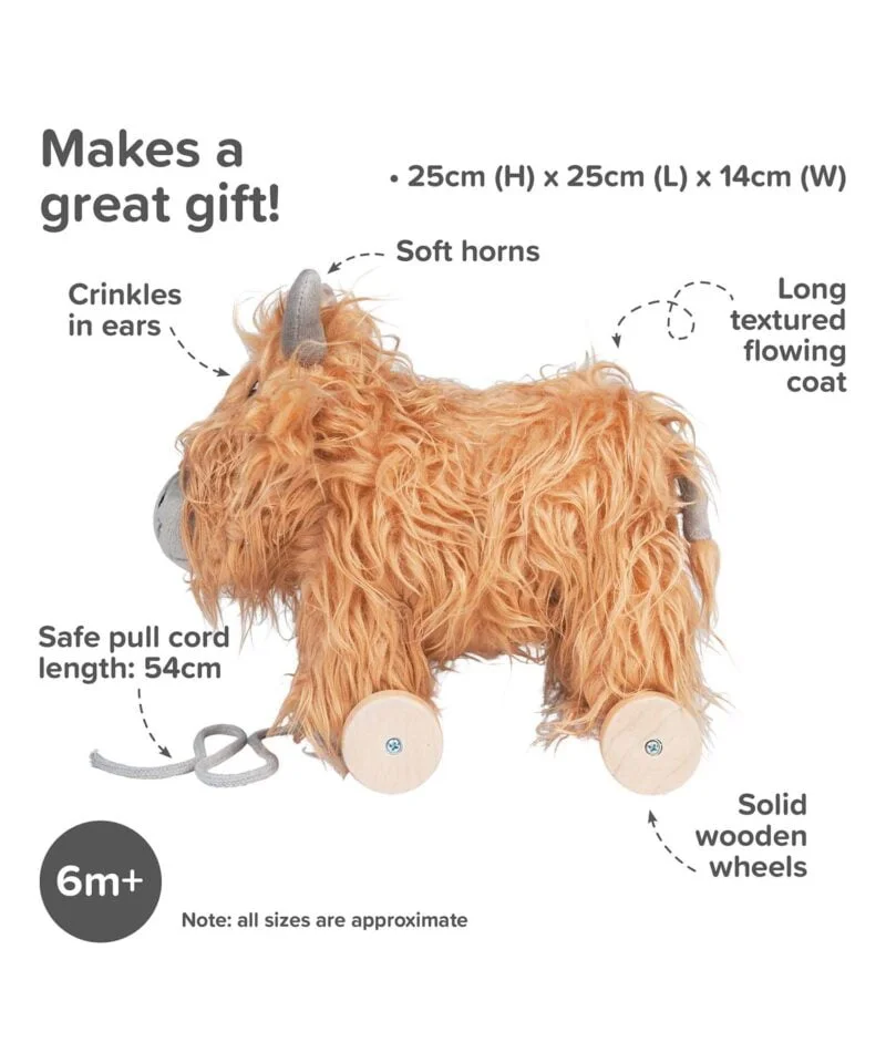 Infographic image of Hubert Highland Cow Toy showing features and benefits