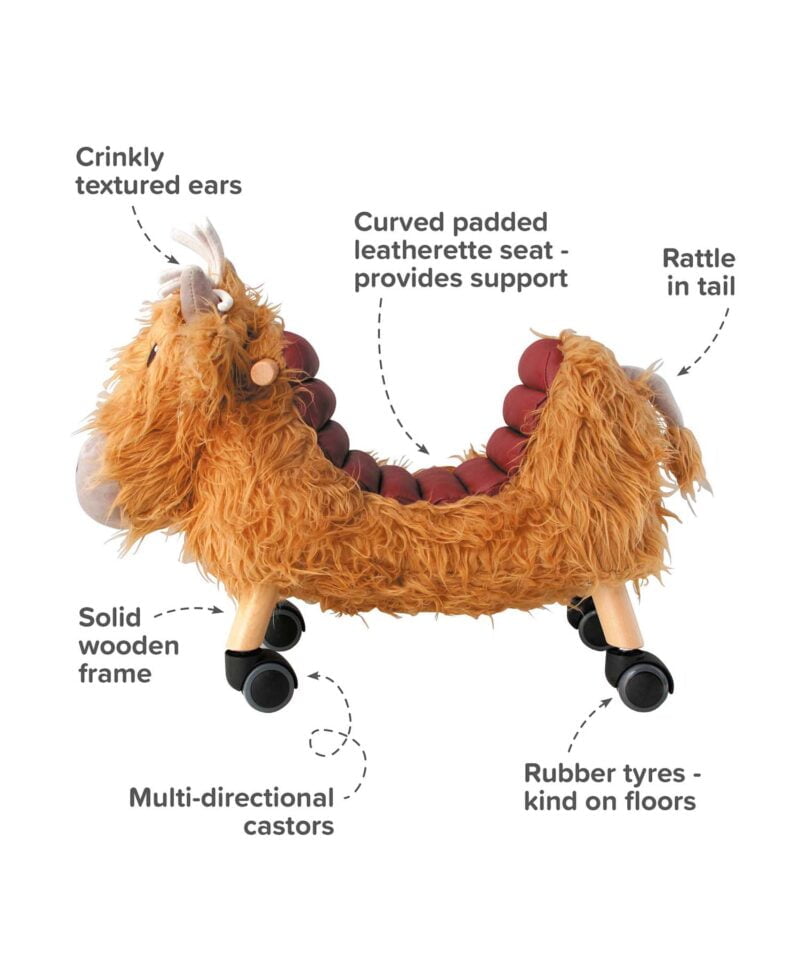 Infographic image of Hubert Highland Cow Ride On Toy showing features and benefits
