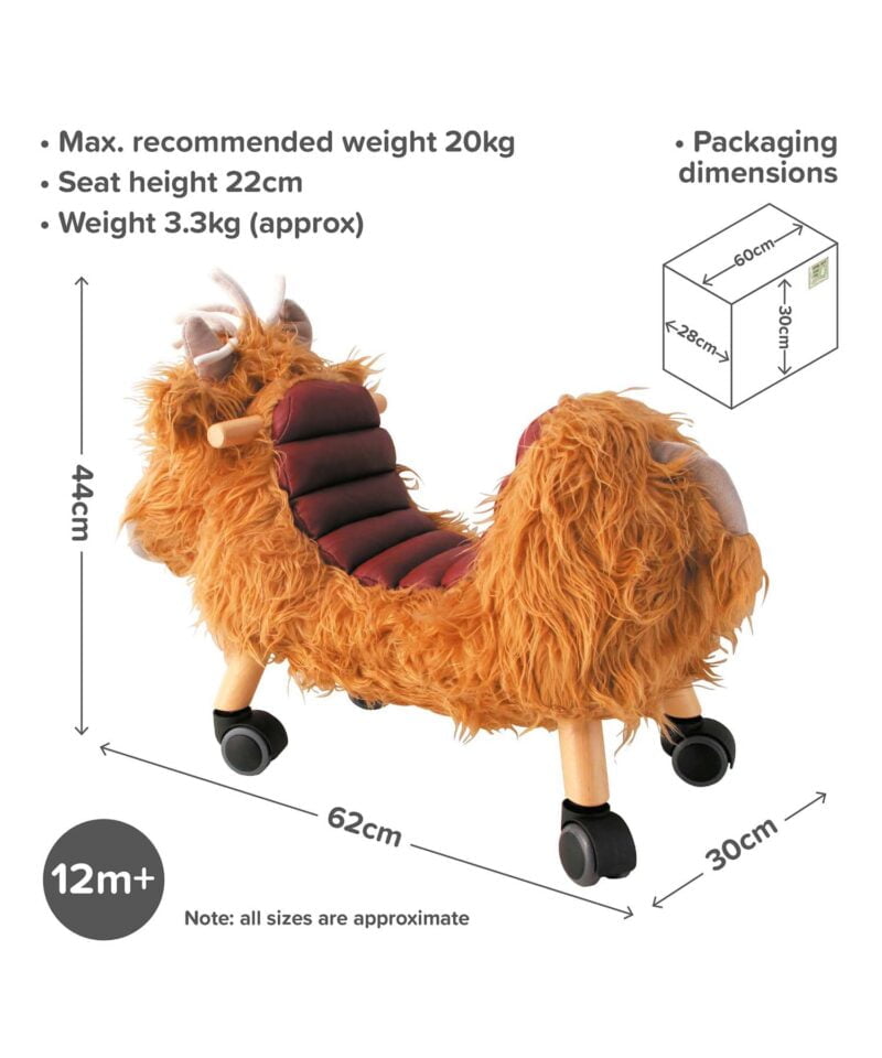 Infographic image of Hubert Highland Cow Ride On Toy showing dimensions