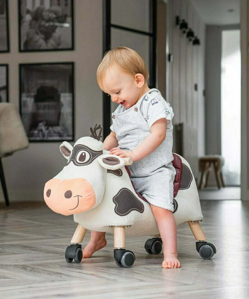 Little boy playing on moobert cow ride on 