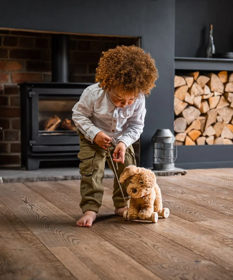 Little boy pulling dexter walking dog toy