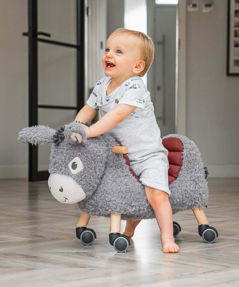 toddler boy on donkey ride on toy 