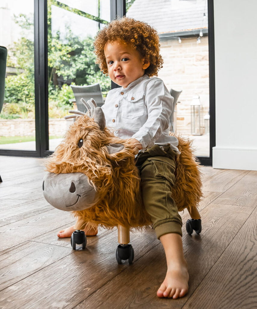 Toddler riding on highland cow wheeled toy