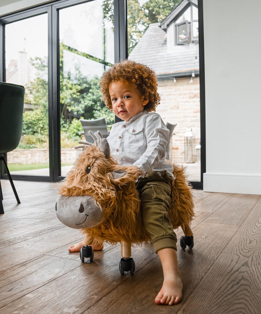 Little boy riding on hubert highland cow ride on toy