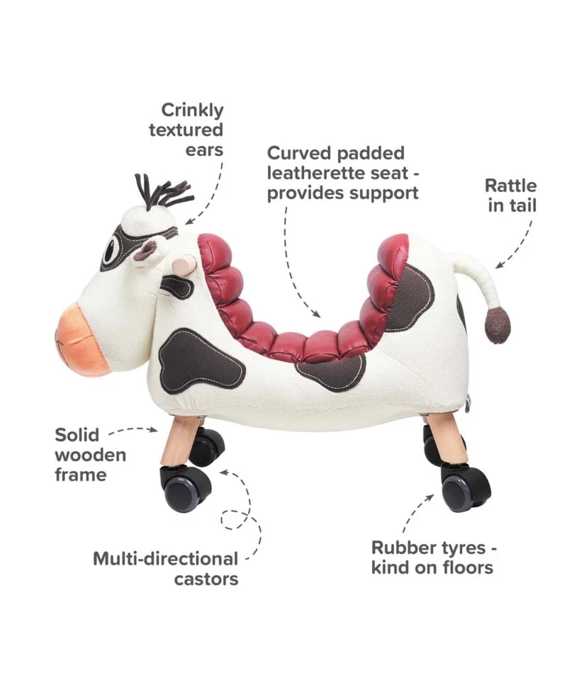 Infographic image of Moobert Cow Ride On Toy showing features and benefits