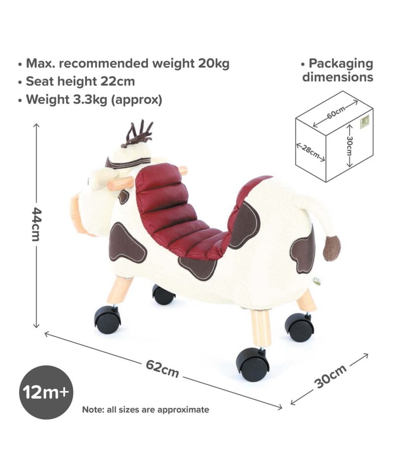 Infographic image of Moobert Cow Ride On Toy showing dimensions