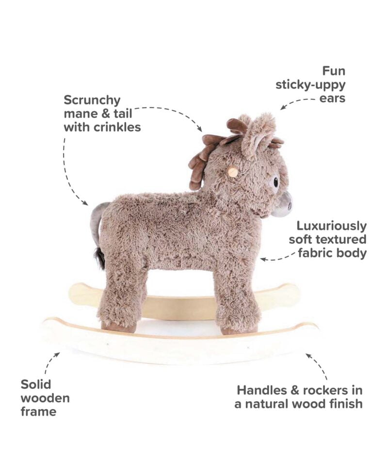 Infographic image of Norbert wooden horse rocker showing features and benefits
