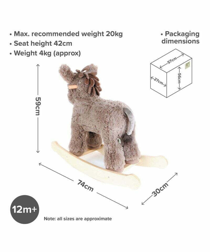Infographic image of Norbert wooden rocking horse 12m+  showing dimensions