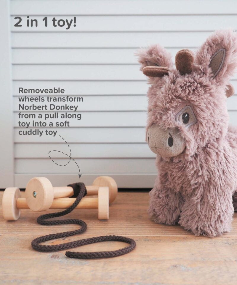 Infographic image of Norbert Donkey Pull Along Toy showing removeable wheels