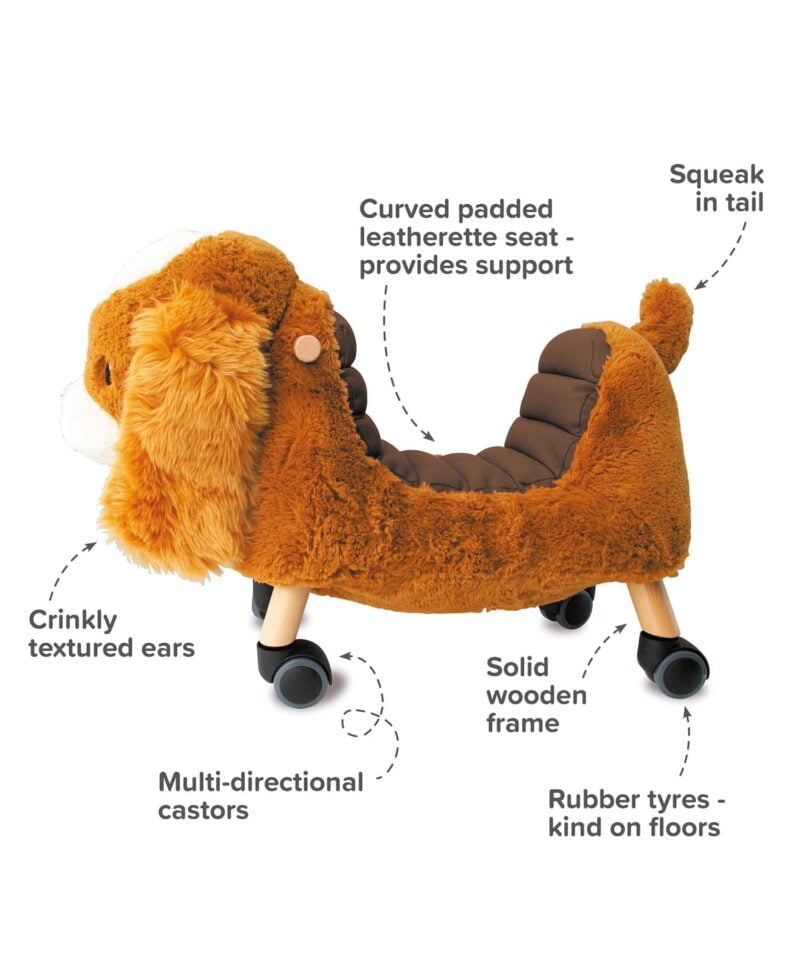 Infographic image of Peanut Pup Ride On Toy showing features and benefits