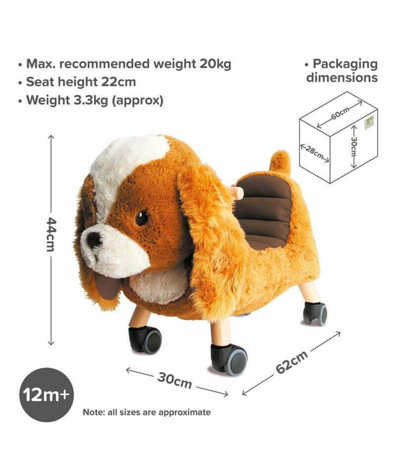 Infographic image of Peanut Pup Ride On Toy showing dimensions