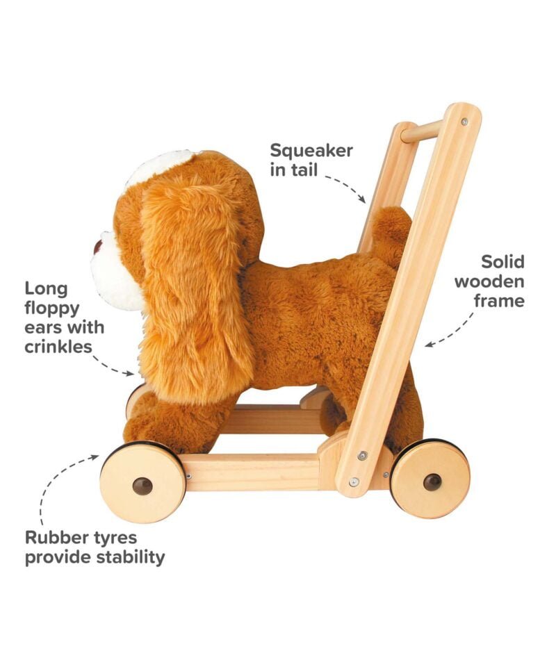 Infographic image of Peanut Pup Baby Walker dog showing features and benefits