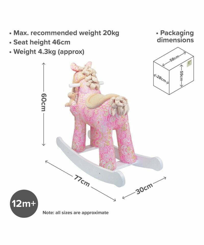 Infographic image of Pixie & Fluff Rocking Horse 12m+ showing dimensions