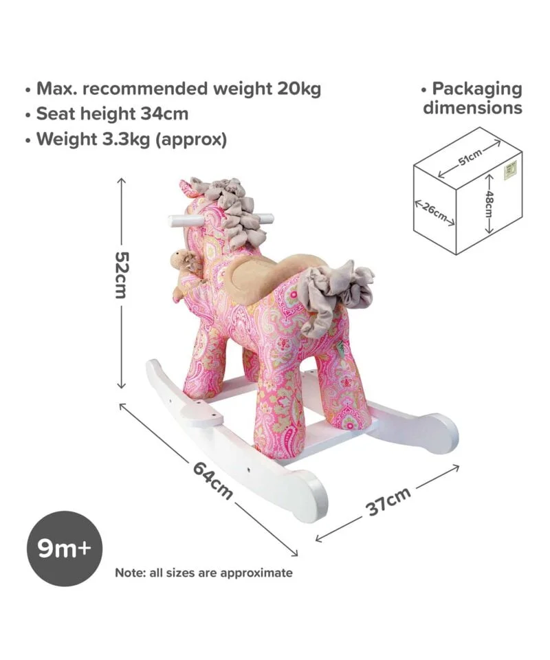 Infographic image of Pixie & Fluff Rocking Horse 9m+ showing dimensions