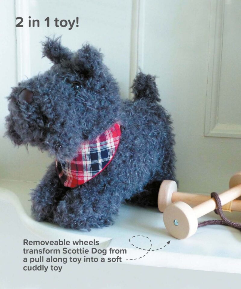 Infographic image of Scottie Dog Pull Along Toy showing removeable wheels