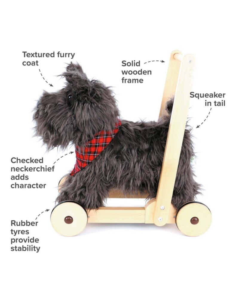 Infographic image of scottie dog baby walker showing features and benefits