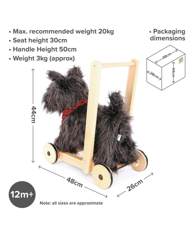 Infographic image of Scottie Dog Baby Walker showing dimensions