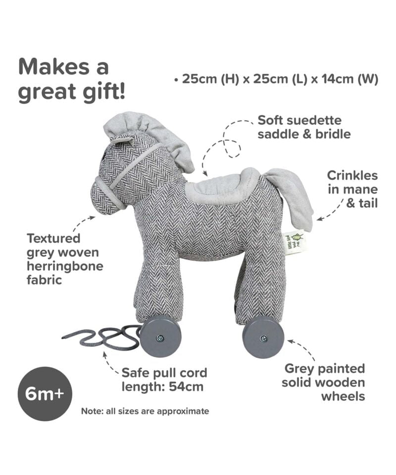 Infographic image of Stirling Horse Pull Along Toy showing features and benefits