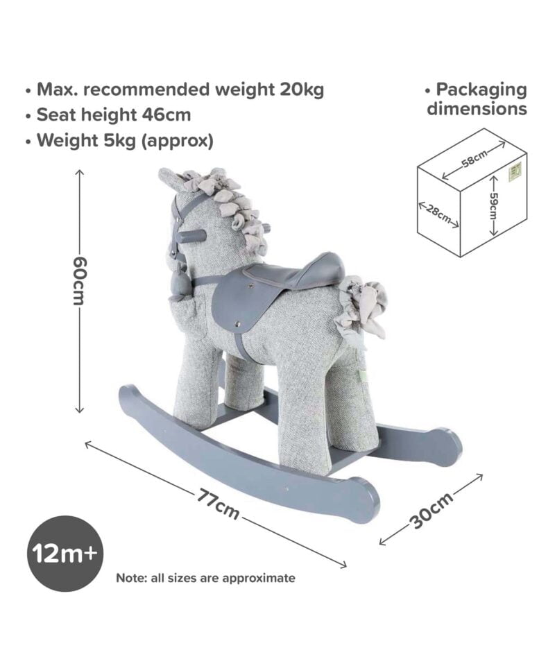 Infographic image of Stirling & Mac Rocking Horse 12m+ showing dimensions