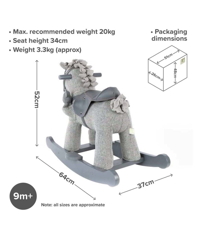 Infographic image of Stirling & Mac Rocking Horse 9m+ showing dimensions