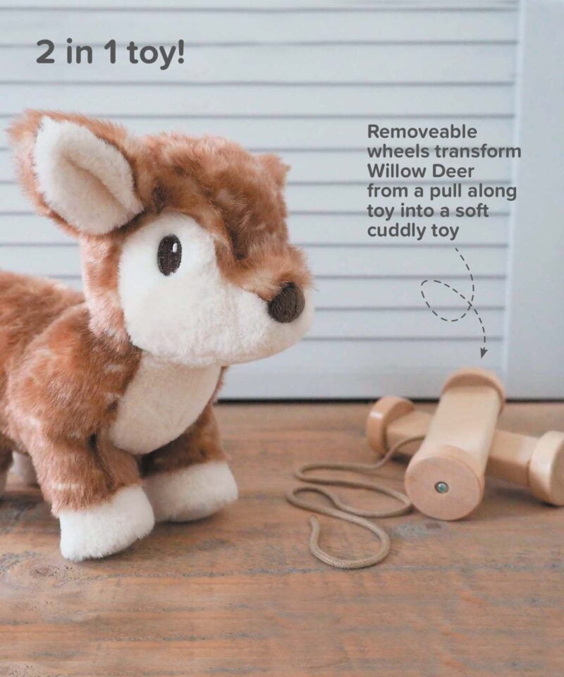 Infographic image of Willow Deer Pull Along Toy showing removeable wheels