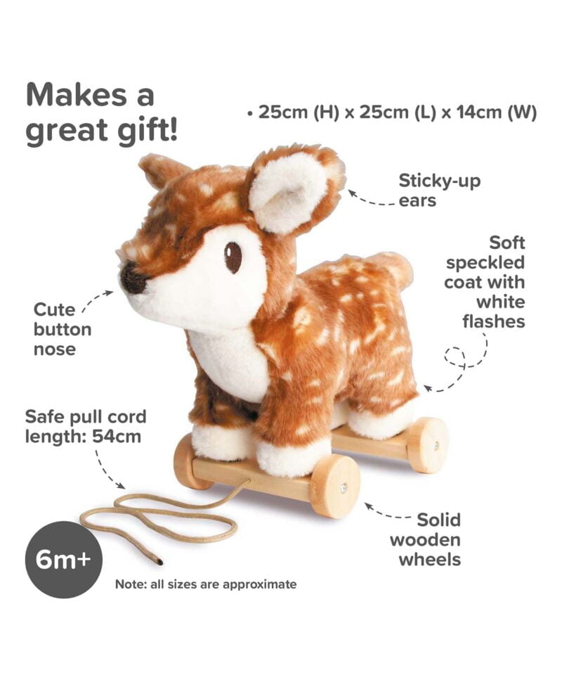Infographic image of Willow Deer Pull Along Toy showing features and benefits